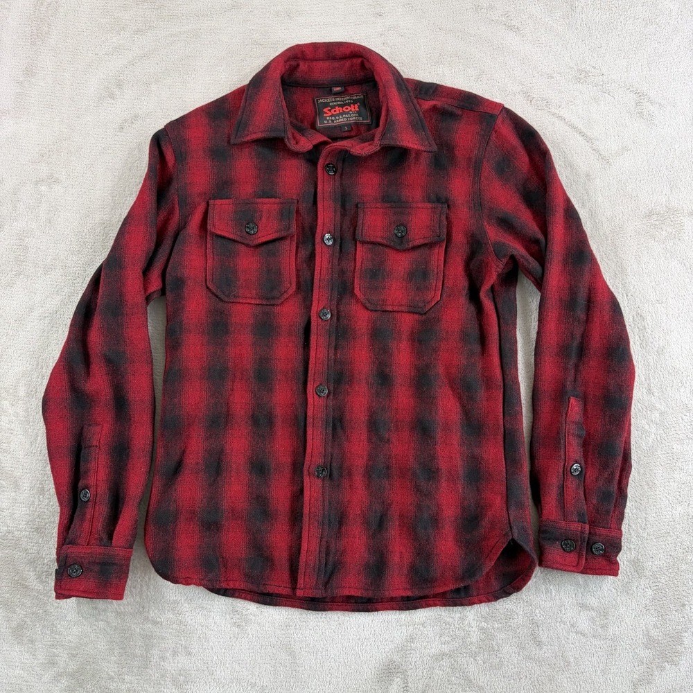 Schott NYC Shirt Jacket Button Over CPO Wool Blend Red Buffalo Plaid Men Small